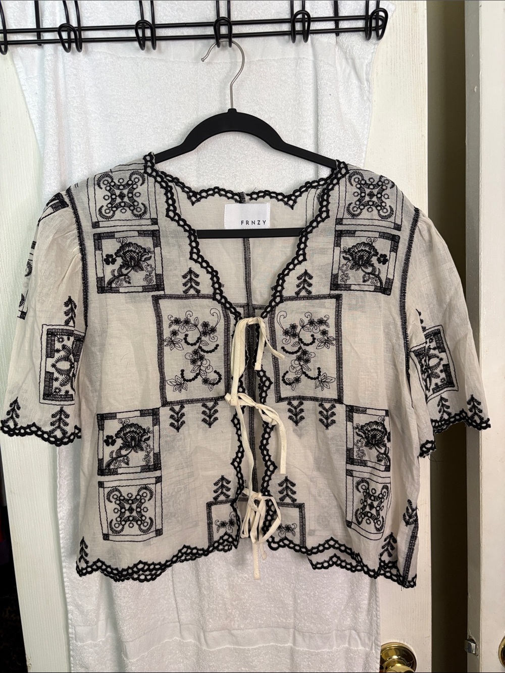 Frnzy Cream Blouse with Black Embroidered Panels and Tie Front